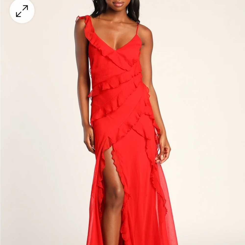 Lulus Tier Desire Red Tiered Ruffled Lace-Up Maxi Dress